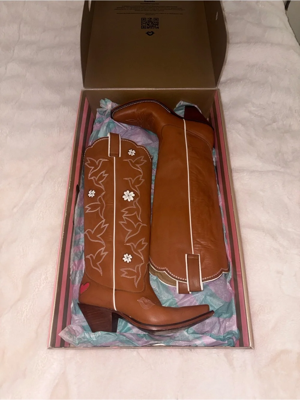 Besita Boots Honey Embroidered Western Boots Knee High Cowboy Brown White